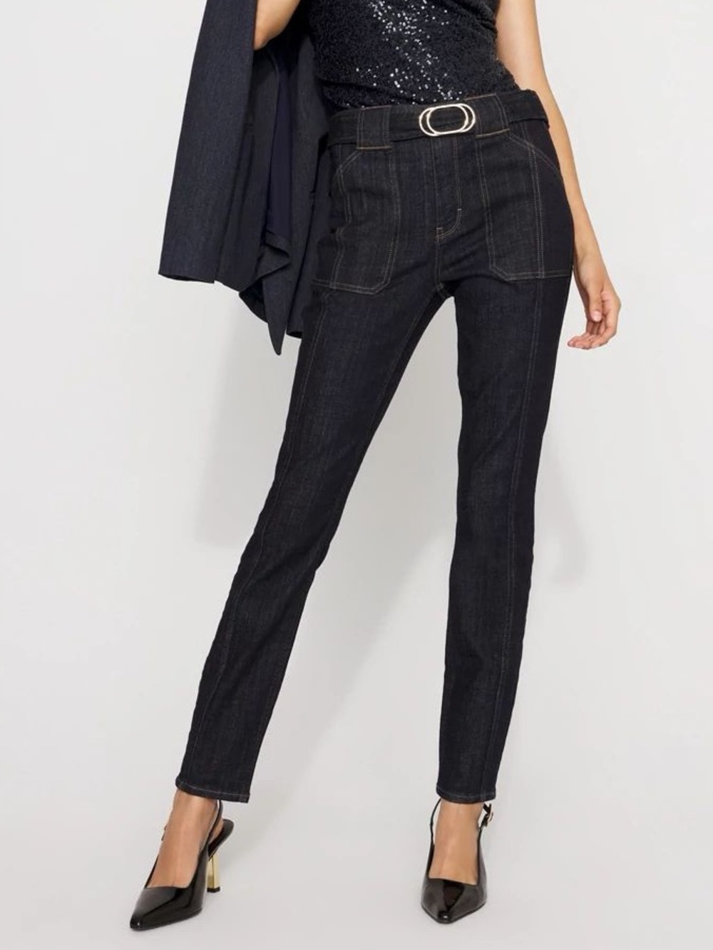 White House Black Market High Rise New Skinny Ankle Belted Blue Jean Pants 4